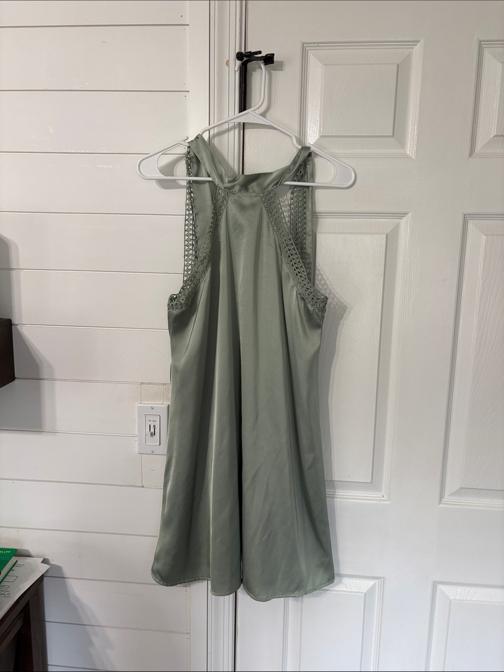 SHEIN Sage Green Crochet-Trim Halter Mini Dress